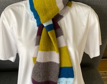 Hand knit striped scarf/unisex/purple/blue/green/gray striped/super warm/double thick