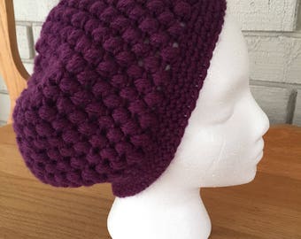 Crochet puff stitch women's winter heat/ purple-mulberry color/wool ease machine wash/ slightly slouchy