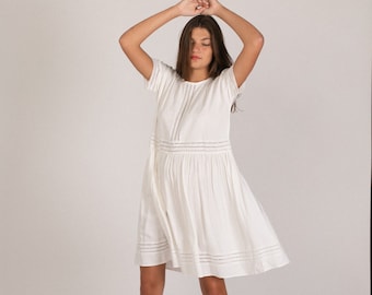 WHITE MIDI DRESS - Loose Midi Dress - Trim White Dress - Women Casual Dress - Dress For Her - Vintage Midi Dress - Cotton Midi Dress