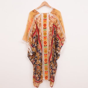 Geometric Print Silk Kimono, Floral, Kimono Top, Boho Kimono, Floral Silk Kimono, Yellow Pallete. image 1