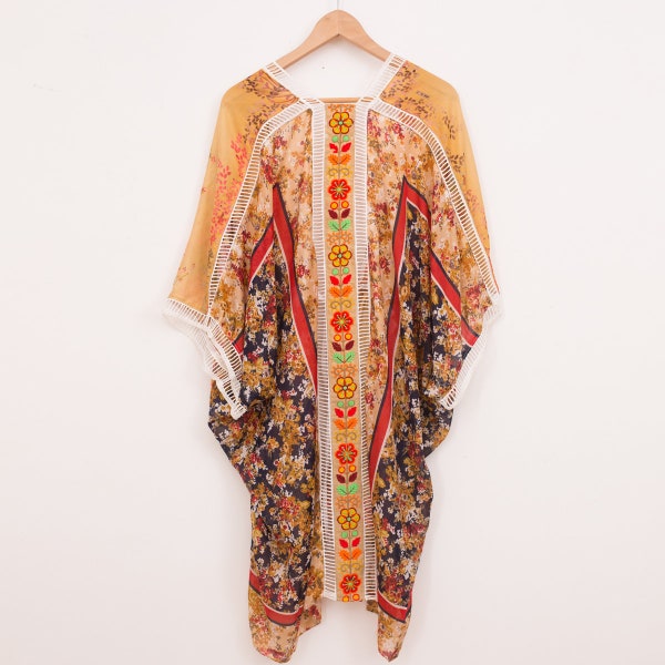 Geometric Print Silk Kimono, Floral, Kimono Top, Boho Kimono, Floral Silk Kimono, Yellow Pallete.