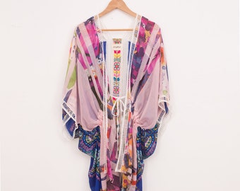 Geometric Print Silk Kimono, Floral, Kimono Top, Boho Kimono, Floral Silk Kimono, Pink Palette.