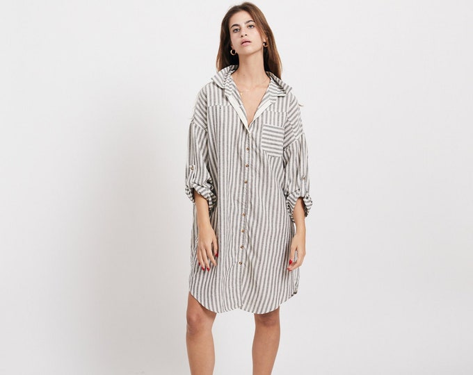 Summer Striped Grey Cotton Dress  Tunic Dress.