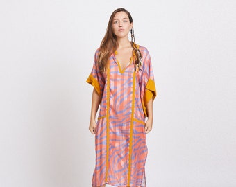 Japanese style Kaftan Maxi Dress kimono sleeve, Orange.