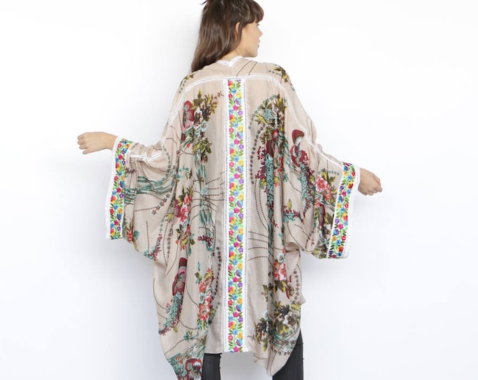 Big kimono floral print Kimono, embroidery panel Kimono , Boho Floral Kimono Top , Floral Tunic