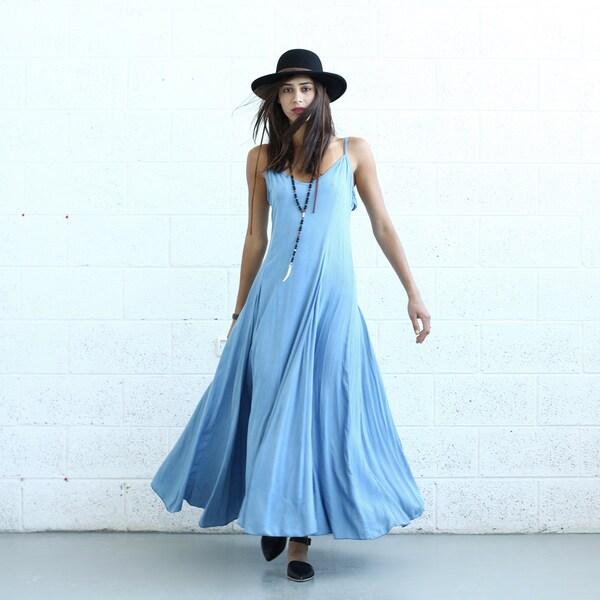 Flare Maxi dress, light denim.