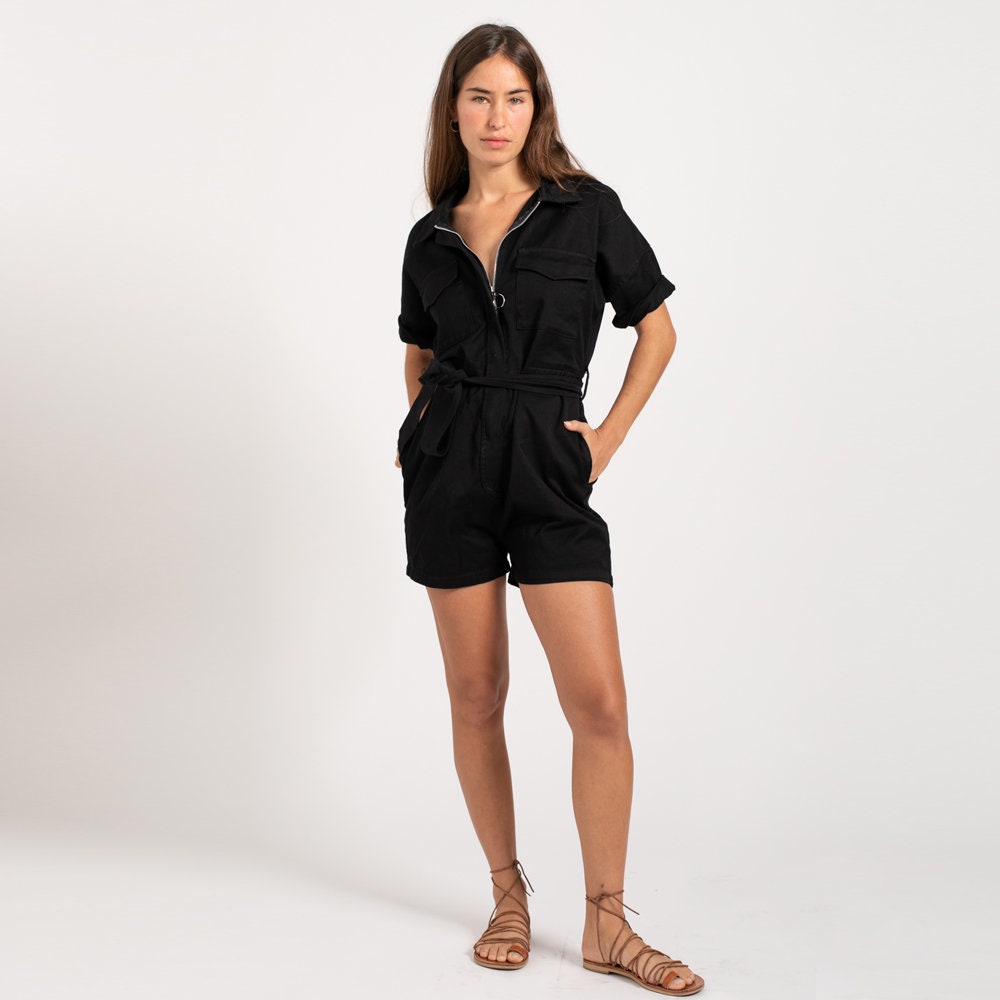 Summer Black Short sleeve Cotton Romper.