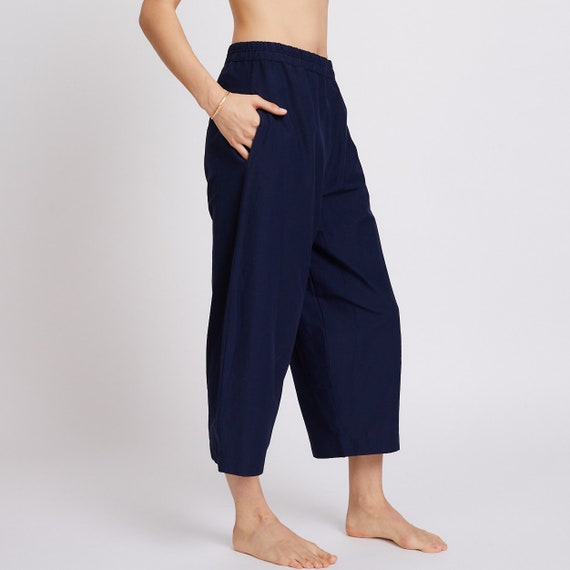 Elastic waist band Pie Pants , Navy .