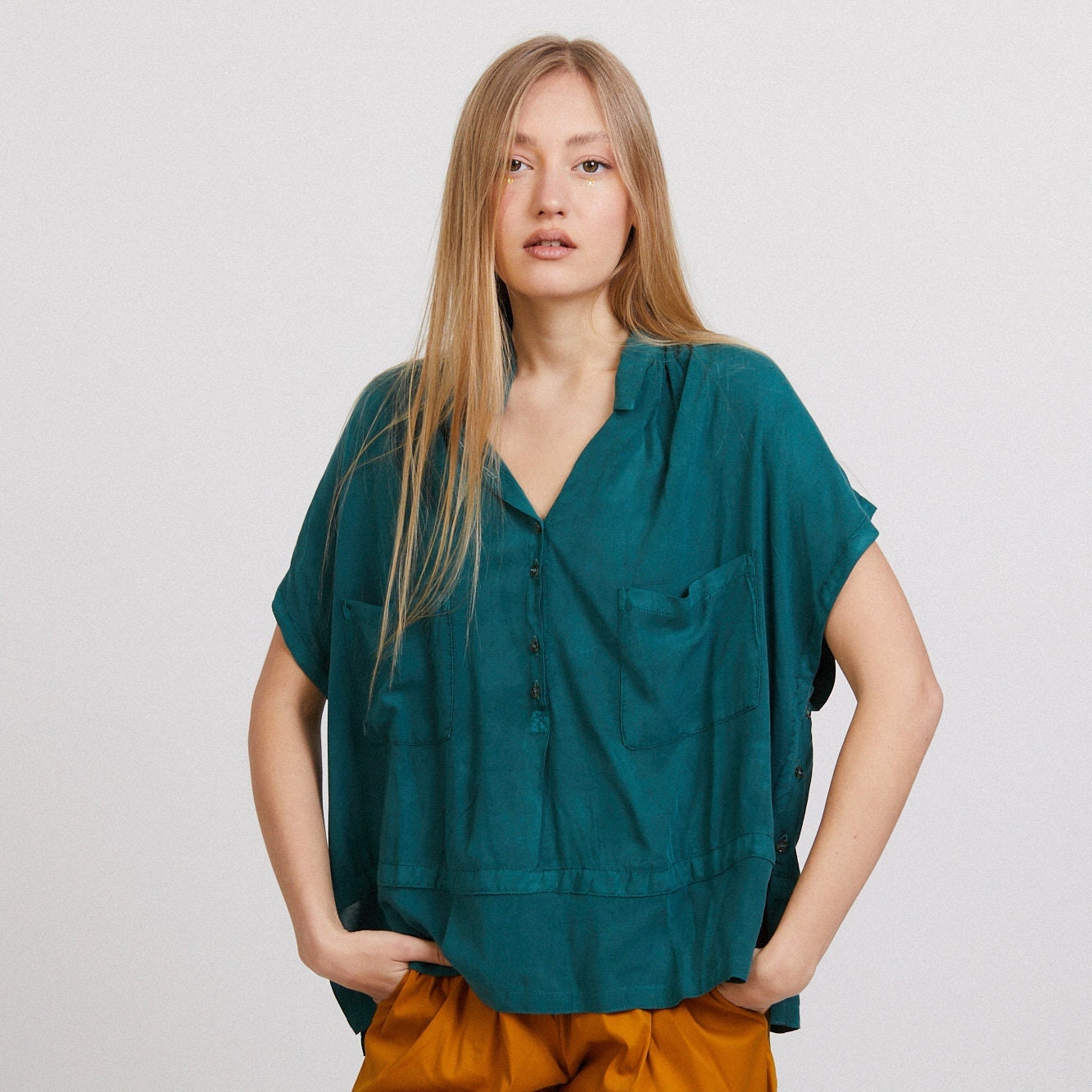 Button Down Cotton Summer Poncho Shirt 