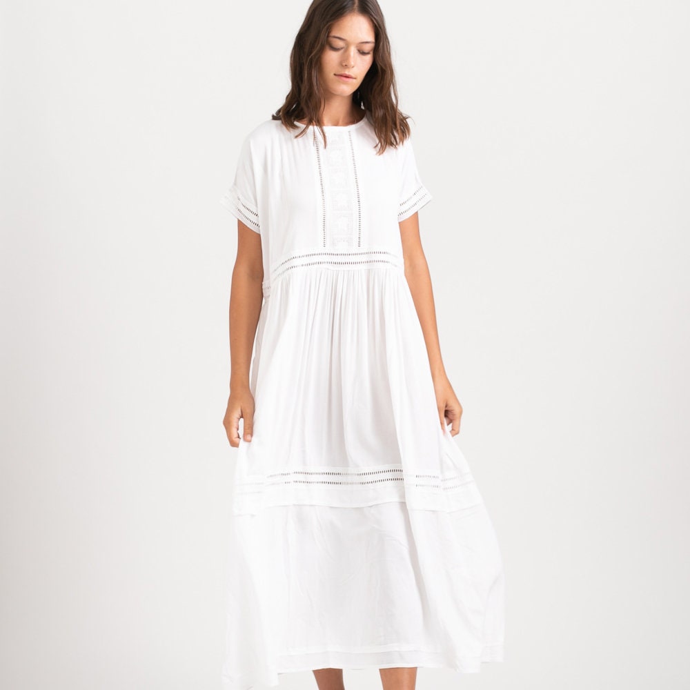 Maxi White Eyelet Trim Summer Dress.