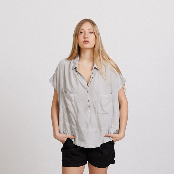The Best Mother's Day Sale Button Down Cotton Summer Poncho Shirt, Light Grey.