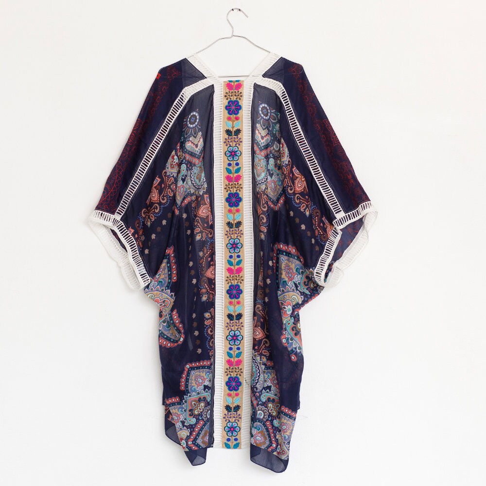 Geometric Print Silk Kimono, Floral, Kimono Top, Boho Kimono, Floral ...