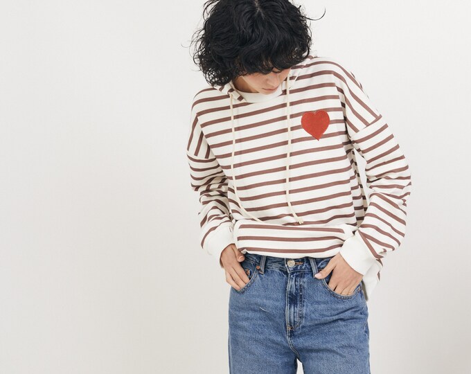 Bohemian Heart embroidered Pullover striped pattern  Hoodie.