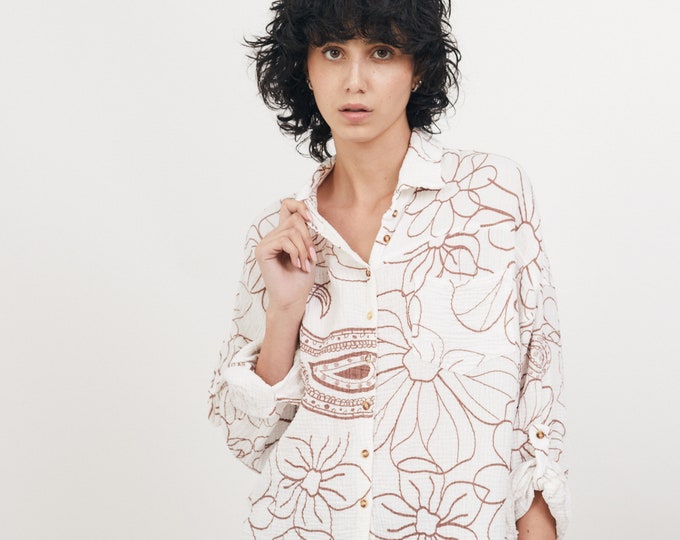ORGANIC COTTON SHIRT - Women Casual Abstract printed Shirt - High Quality Shirt - Loose Shirt Gift - Women Loose Shirt