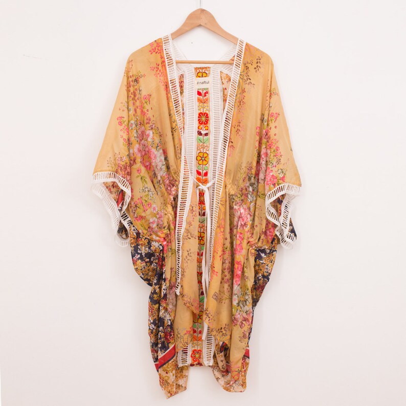 Geometric Print Silk Kimono, Floral, Kimono Top, Boho Kimono, Floral Silk Kimono, Yellow Pallete. image 2