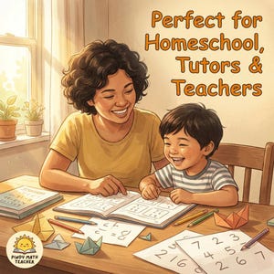 May include: Illustration of a woman and child smiling while working on math problems. The text "Perfect for Homeschool, Tutors & Teachers" is displayed above them. Origami figures and pencils are on the table. The logo for "Pinoy Math Teacher" is in the bottom left corner.