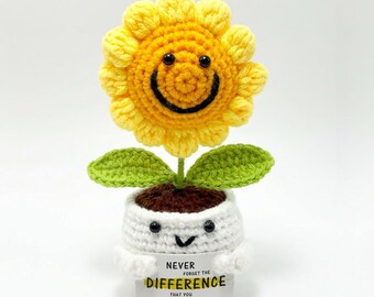 Crochet Flower Pot with Positive Message Card, Handmade Yarn Flower Gift, Custom Encouragement Gift, Cute Desk Decor