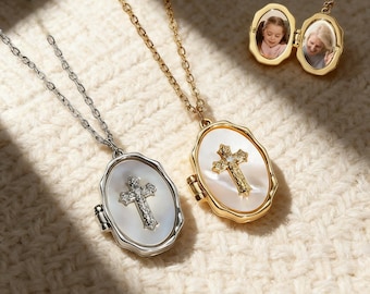 Personalized Cross Photo Locket – Mother of Pearl, Religious Keepsake