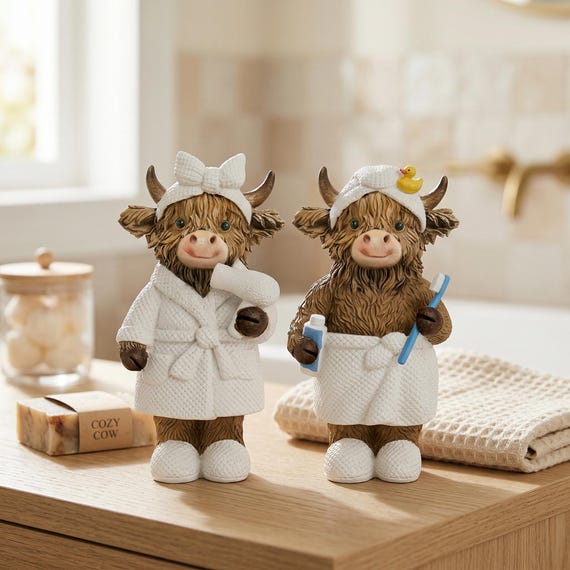 Highland Cow Bathroom Decor, Funny Cow Figurines Set, Resin Farmhouse Bathroom Shelf Decor, Cute Cow Gift, Rustic Home Decor