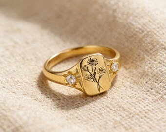 Personalized Birth Flower Signet Ring – Custom Engraved Botanical Jewelry
