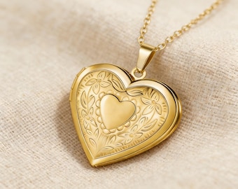 Custom Heart Photo Locket Necklace, Personalized Engraved Name Pendant, Stainless Steel Memory Jewelry Gift