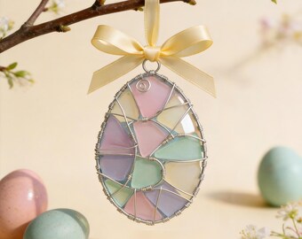 Handmade Pastel Glass Easter Egg Ornament, Stained Glass Suncatcher Decor