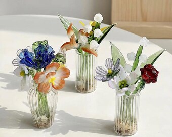 Handcrafted Glass Birth Flower Desk Decor, Mini Glass Flower Vase, Valentine’s Day Gift, Personalized Birth Month Flower