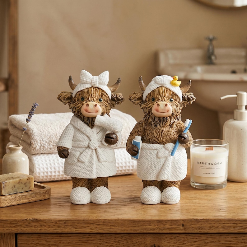 Highland Cow Bathroom Decor, Funny Cow Figurines Set, Resin Farmhouse Bathroom Shelf Decor, Cute Cow Gift, Rustic Home Decor image 2