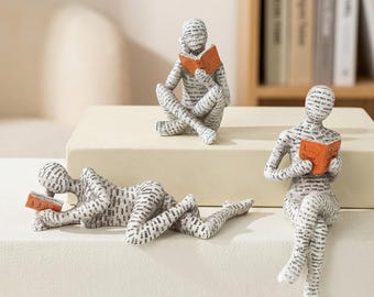 Reading Figurine Set, Book Lover Gift, Resin Reader Sculpture, Bookshelf Decor, Bookworm Ornament, Reader Statue, Desk Shelf Decor