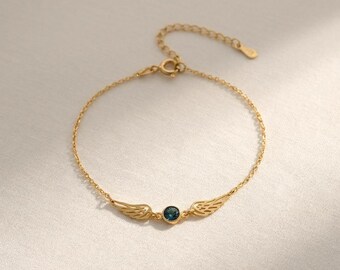 Valentine’s Day Angel Wing Birthstone Bracelet, Personalized Stainless Steel Bracelet Gift for Her, Meaningful Love Jewelry