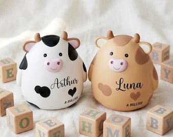 Personalized Cow Piggy Bank, Custom Name Kids Money Box, Back to School Gift, Birthday Gift, Cute Nursery Decor