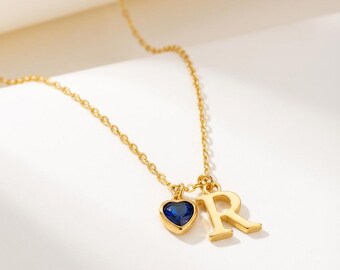 Personalized Initial Birthstone Necklace, Gold Letter Pendant Stainless Steel Necklace, Valentine’s Day Gift for Her, Custom Name Jewelry
