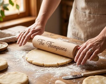 Personalized Engraved Rolling Pin, Custom Name Wooden Baking Tool, Housewarming Wedding Gift for Mom or Newlyweds