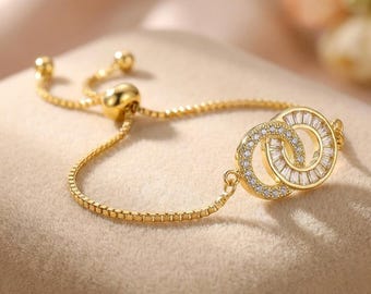 Personalized Birthstone Bracelet for Her, Interlocking Circle CZ Bracelet, Adjustable Copper Jewelry, Valentine’s Day Gift