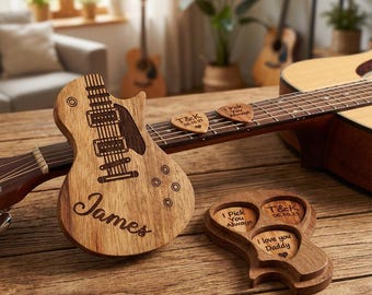 Personalized Wooden Guitar Pick Holder, Custom Musician Gift with 3 Picks