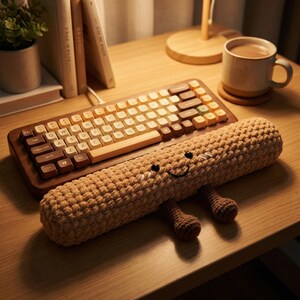 May include: A wooden keyboard with light-colored keys sits on a desk next to a crocheted, smiling worm-shaped pillow. A mug of coffee and books are also on the desk. The keyboard has a brown wooden frame.