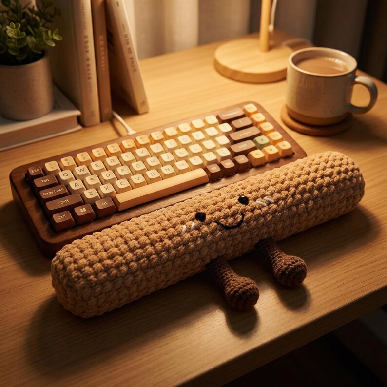 May include: A wooden keyboard with light-colored keys sits on a desk next to a crocheted, smiling worm-shaped pillow. A mug of coffee and books are also on the desk. The keyboard has a brown wooden frame.