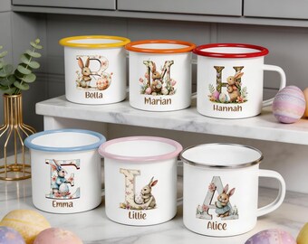 Personalized Easter Bunny Initial Mug, Custom Name Spring Gift, 12oz Enamel Cup