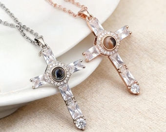 Photo Projection Cross Necklace, Custom Hidden Picture Memorial Jewelry