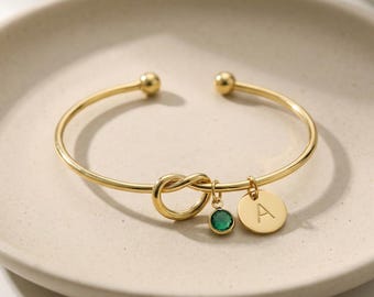 Personalized Initial Birthstone Bracelet, Custom Letter Jewelry, Valentine’s Day Gift for Her, Stainless Steel Open Bangle