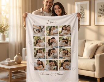 Personalized Couple Photo Blanket, Custom Photo Collage Throw, Flannel Blanket with Names, Romantic Gift for Couple