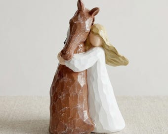 Resin Girl Hugging Horse Sculpture, Equestrian Friendship Keepsake, Farmhouse Decor