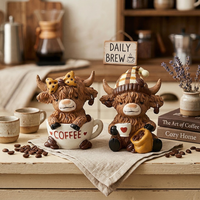 May include: Two Highland cow figurines, one in a coffee cup and the other holding a coffee cup and a bag of beans. The cow in the cup has a yellow bow, and the other wears a plaid hat. A sign reads "Daily Brew".