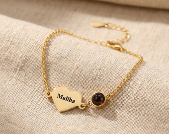 Valentines Day Personalized Name Bracelet with Photo Projection Stone, Custom Heart Birthstone Bracelet Gift for Her
