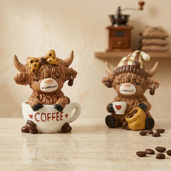 Coffee Highland Cow Figurine, Resin Highland Cow Decor, Coffee Bar Shelf Decor, Cute Farmhouse Cow Statue, Cow Lover Gift