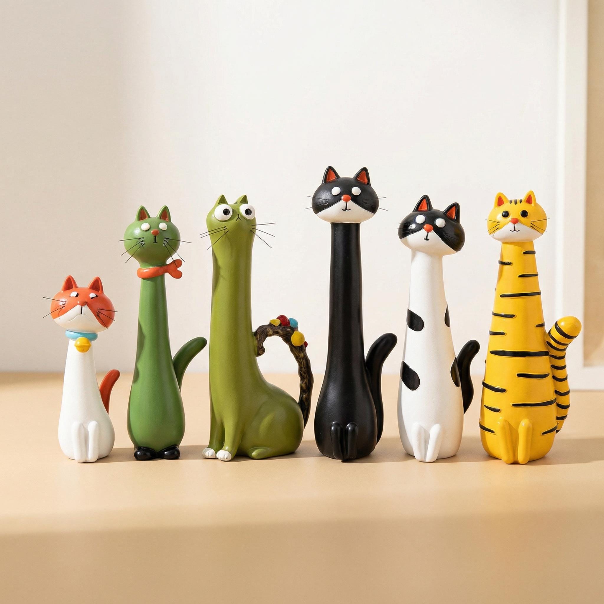 Set Di 5 Statuette Gatto In Resina – Decorazioni Da Cruscotto Auto, Scrivania E Casa, Stile Cartone Animato