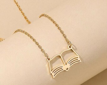 Book Necklace for Book Lovers, Open Book Pendant Necklace, Stainless Steel Book Charm, Minimalist Reader Jewelry, Librarian Teacher Gift