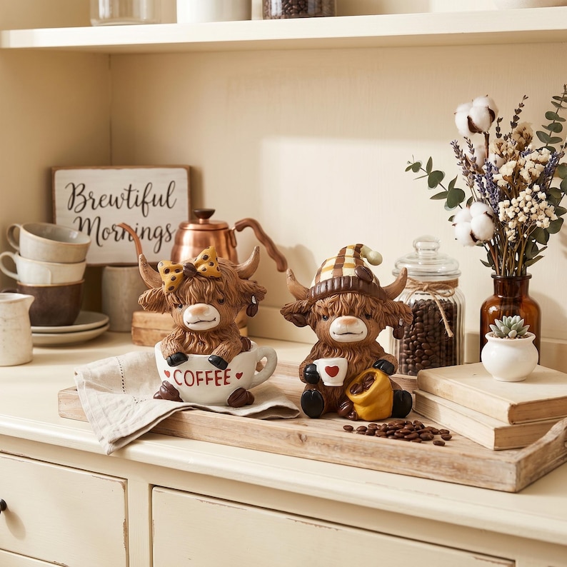 May include: Two Highland cow figurines, one in a coffee cup with "COFFEE" text, the other holding a coffee cup and a bag of beans. They sit on a wooden tray with coffee beans, near a sign that says "Brewtiful Mornings".