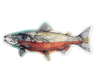 Pegatina de salmón rojo: mapa de río con técnica mixta, vinilo brillante pintado a mano, regalo de pescado del noroeste del Pacífico (7,6 cm y 15,2 cm)