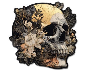 Pegatina de calavera y flores / Vinilo gótico en oro rosa y negro / Pegatina troquelada de calavera floral de técnica mixta para portátiles, coches y revistas